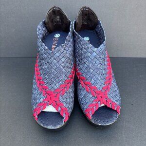 Bernie Mev Blue Red Chesca Pull-On Open Toe Heeled Slides Women's US 7, UK 38